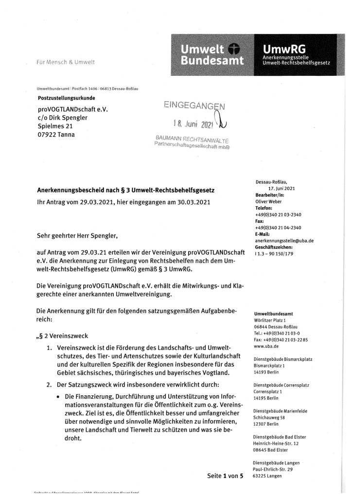 Anerkennung eingetragener Umweltverein 21.06.2021