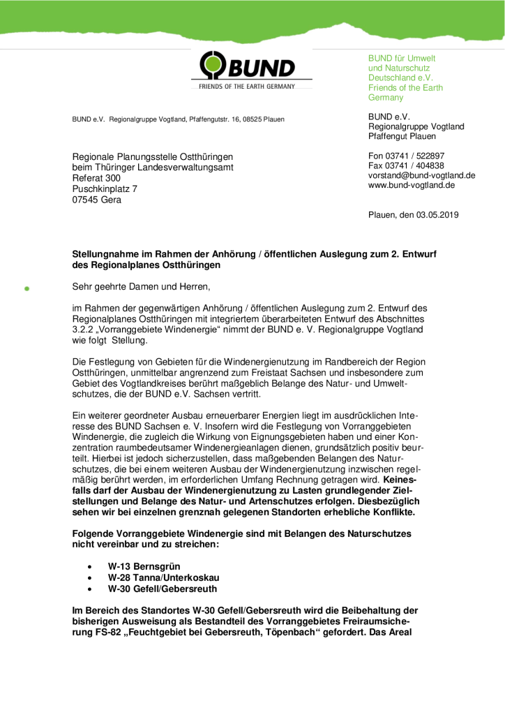 BUND Vogtland | Stellungnahme zum 2. Entwurf des Regionalplanes Ostthüringen vom 03.05.2019