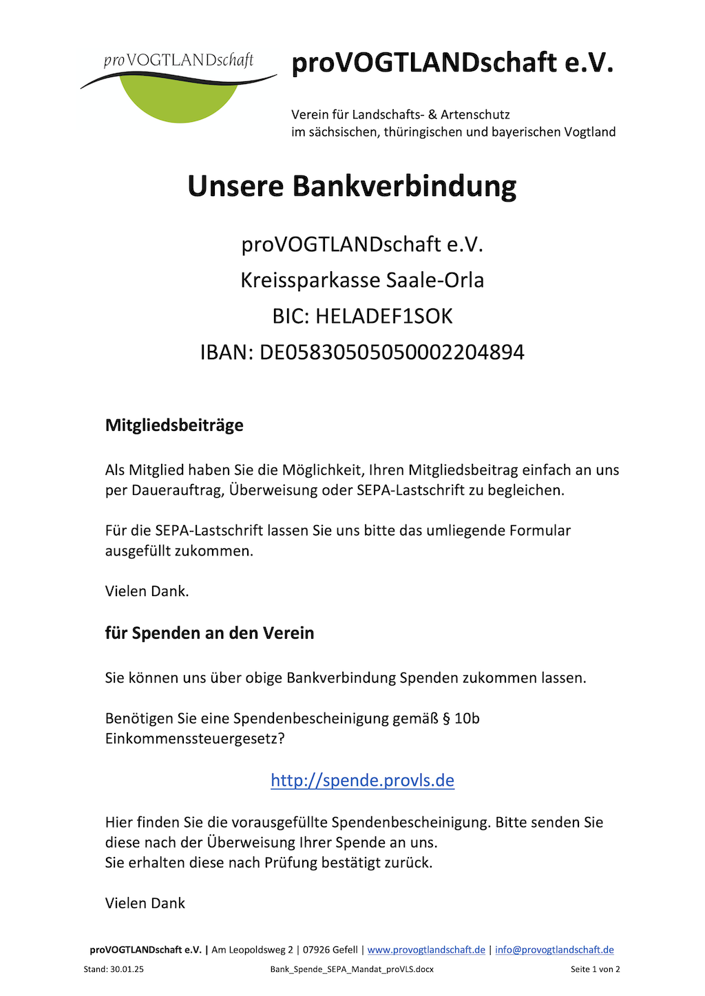 proVLS Bankverbindung und SEPA-Formular