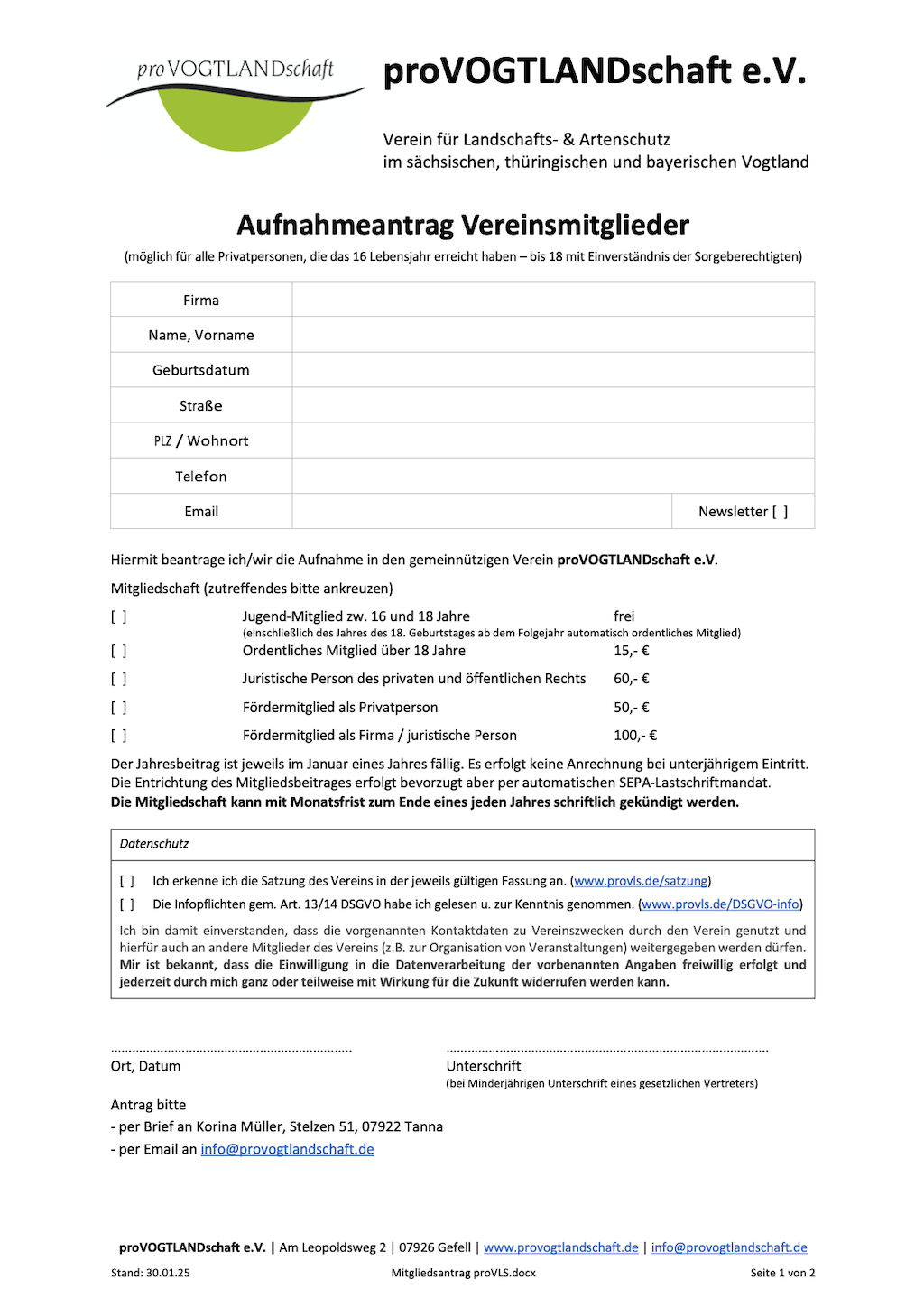 proVLS Mitgliedsantrag und SEPA