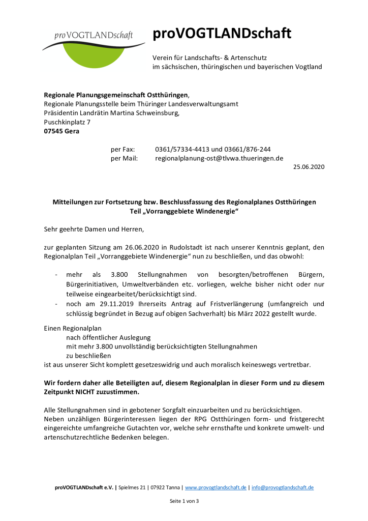 Stellungnahme zur Sitzung des RPG Ostthüringen am 26.06.2020